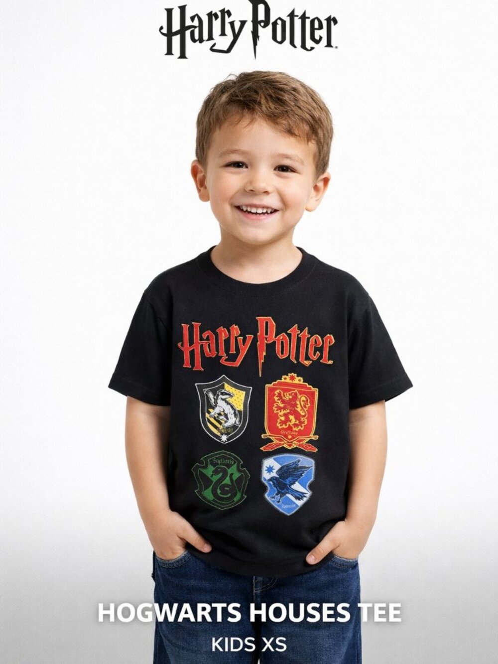 Harry Potter Graphic T-Shirt Kids XS Black Hogwarts Houses Tee Wizarding World